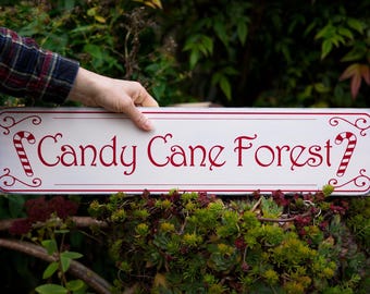 Handcrafted Candy Cane Forest Wooden Sign | Rustic Christmas Wall Decor