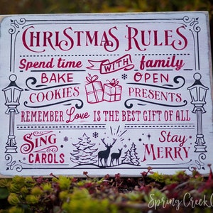 Christmas Rules Wood Sign Vintage Holiday Wall Decor Beautifully Hand-painted On A Rustic Barnwood Plank
