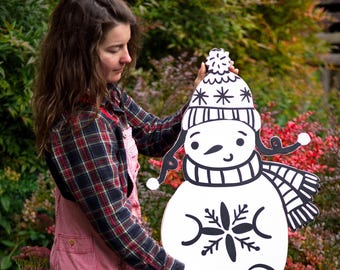 Handcrafted Wooden Snowman Cutout | Distressed Country Christmas Sign (28" Tall)