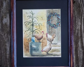Gerahmtes Gemälde im Landhausstil | Hühner mit Kranz und Pflanze | 38,7 x 31,8 x 2,5 cm (15,25 x 12,5 x 1 Zoll) – Gerahmtes rustikales Winterbild mit Hühnern