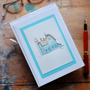Originale Barn Watercolor 5x7 Biglietto d'auguri vuoto con bordo frastagliato per tutte le occasioni Dipinto a mano Incorniciabile Arte popolare Biglietto da fattoria Piccola arte