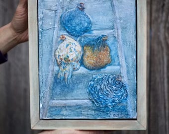 Hand-Painted Mixed Media Hen Art | Plaster Texture, Solid Wood Frame (11.75"x9.75")