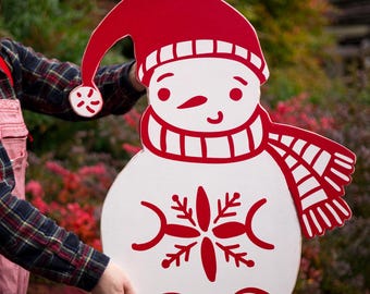 Handcrafted Wood Snowman Cutout | Primitive Red Stocking Hat Snowman Wall Decor | Rustic Farmhouse Winter Door Hanger | Country Christmas