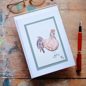 Originale pollo acquerello 5x7 bordo frastagliato biglietto di auguri vuoto per tutte le occasioni dipinto a mano gallo incorniciabile piccolo biglietto d'arte per contadino