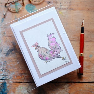 Originale pollo acquerello 5x7 bordo frastagliato biglietto di auguri vuoto per tutte le occasioni dipinto a mano gallo incorniciabile piccolo biglietto d'arte per contadino