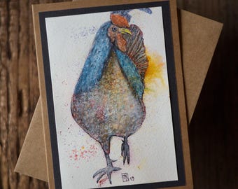Hand-Painted Watercolor Rooster Card | Original Barnyard Art (5"x7")