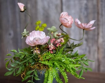 Cottagecore Coral Poppies Floral Arrangement | Vintage Metal Can Centerpiece | Farmhouse Botanical Decor