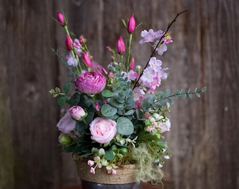 Cottagecore Floral Arrangement, Ranunculus Rose Cherry Blossom, Galvanized Pot Decor