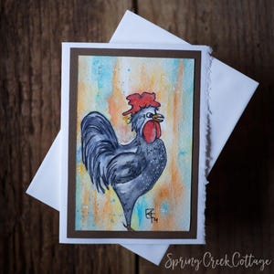 Cartão de felicitações Original Frango Aquarela 5x7 Borda Deckled Em Branco Para Todas As Ocasiões Pintado à Mão Emoldurável Galo Pequeno Cartão de Arte Para Fazendeiro