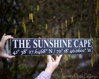 The Cottage Personalized GPS Coordinates Sign Beautifully Hand-painted On A Rustic Plank