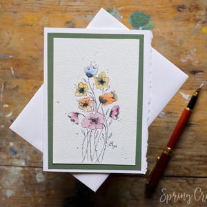 Biglietto d'auguri originale dipinto a mano con acquerello per la festa della mamma, non una stampa, 5x7, biglietto vuoto con bordi frastagliati, per tutte le occasioni, con cornice, piccolo fiore artistico