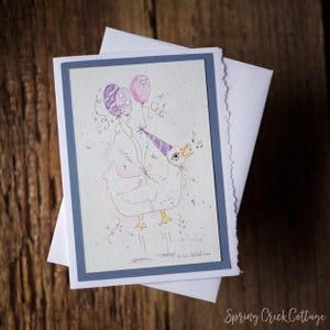 Cartão de aniversário de fazenda engraçado feito à mão em aquarela, 5x7, borda irregular, cartão de felicitações em branco com envelope, arte original pintada à mão para ela