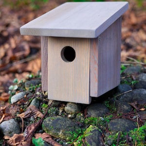 Puede incluir: Una casita de pájaros de madera con un tejado inclinado y un agujero de entrada circular. La casita es de color marrón claro y se asienta sobre un lecho de rocas, hojas y musgo. La casita es de madera y tiene un aspecto natural y rústico.