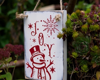Rustic Wooden Joy Christmas Sign | Primitive Snowman Wall Hanging | Handcrafted Holiday Porch Sign | Vintage Winter Country Cottage Decor