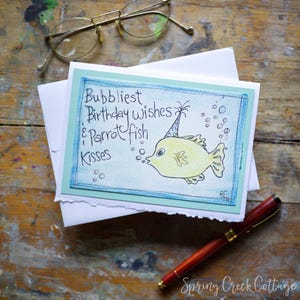 Tarjetas de cumpleaños originales con diseño de peces extravagantes, no impresas, en blanco, de 5 x 7 pulgadas, enmarcables, en técnica mixta.