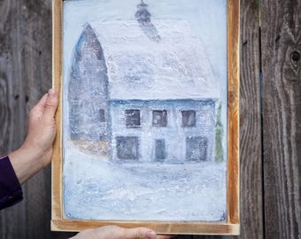 Original Snow-Covered Barn Painting | Rustic Winter Landscape On Stretched Canvas | Mixed Media Farm Art (16.5"x13"x1")