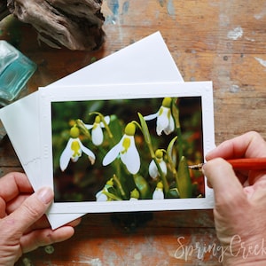 Carte de voeux photo faite main, 5 x 7 pouces, gouttes de neige encadrées, photographie de fleurs par Veronica, carte de correspondance vierge pour toutes les occasions