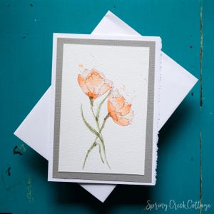 Biglietto d'auguri originale in acquerello 5x7 con bordo frastagliato, vuoto, per tutte le occasioni, dipinto a mano, incorniciabile, con papaveri astratti, piccola opera d'arte da parete.