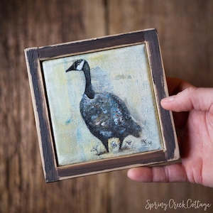 Tiny Art Canadian Goose Original Framed Mini Art Painting 5&quot; Wide x 5&quot; High Canvas Rustic Cabin Cottagecore Decor With Rustic Barnwood Frame