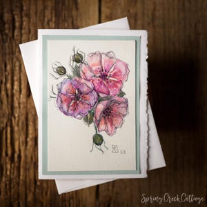 Cartão de felicitações em aquarela com flores feitas à mão, original, sem impressão, flor de rosa selvagem, 5x7, para todas as ocasiões, pintado à mão e emoldurado