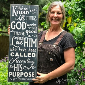 Hand-Painted Romans 8:28 Scripture Wood Sign - Rustic Barnwood Plank