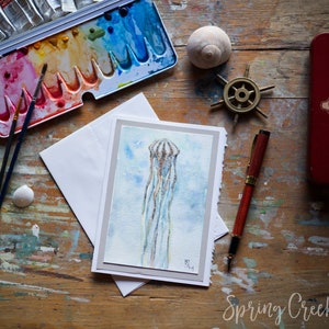 Original Aquarell 5x7 Blanko Grußkarte für alle Anlässe Handgemalte Frameable Nautische Qualle Kleine Wandkunst