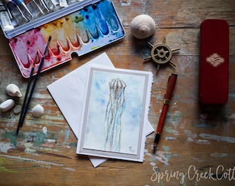 Original Watercolor 5x7 Blank Greeting Card For All Occasions Hand-painted Frameable Nautical Jellyfish Tiny Wall Art