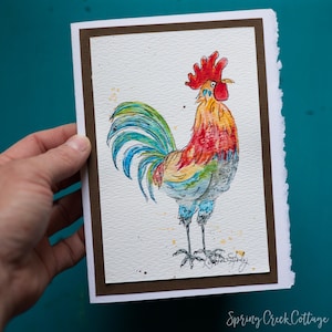 Cartão de felicitações em branco com borda irregular, aquarela de frango original, 5x7, para todas as ocasiões, pintado à mão, emoldurável, pequeno cartão de arte de galo para fazendeiro