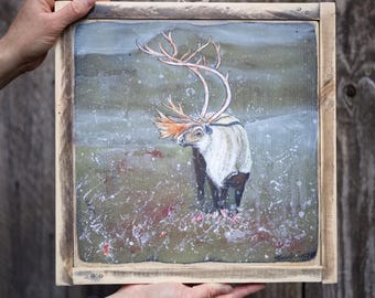 Original Caribou Mixed Media Painting | 13"x13" Framed Rustic Winter Wildlife Art