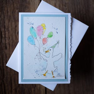 Tarjetas de cumpleaños originales hechas a mano con un diseño divertido de pato con globos, acuarela original y caprichosa, sin impresión, tarjeta de felicitación en blanco de 5 x 7 pulgadas.