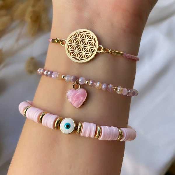 Armband rosa Set, Perlenarmband, Evil Eye, Blume des Lebens