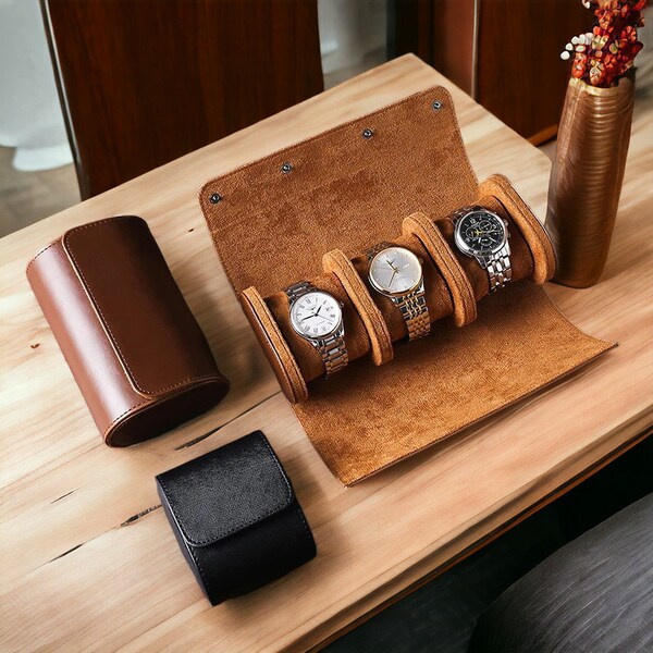 3-Slot Watch Roll Travel Case | Vintage Leather Watch Display | Portable Watch Storage Box | Watch Organizer for Travelers