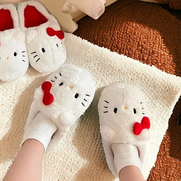 Plush Hello Kitty Slippers | Kawaii Cute Student Autumn Winter Soft Padded Bedroom Slippers | Cozy Women's House Shoes