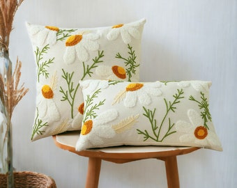 Floral Embroidered Cushion Cover - 100% Cotton Canvas, Multicolor - Perfect for Living Room, Bedroom, and Dining Room Decor