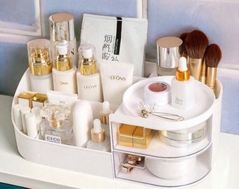 Modern White Makeup Organizer – Desktop Cosmetic Storage Box | Skincare Rack with Drawers | Perfect for Home, Bedroom, Bathroom, and More!