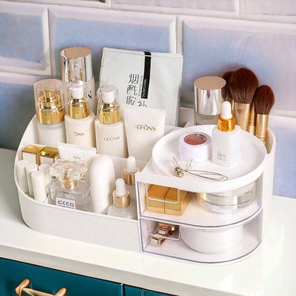 Modern White Makeup Organizer – Desktop Cosmetic Storage Box | Skincare Rack with Drawers | Perfect for Home, Bedroom, Bathroom, and More!