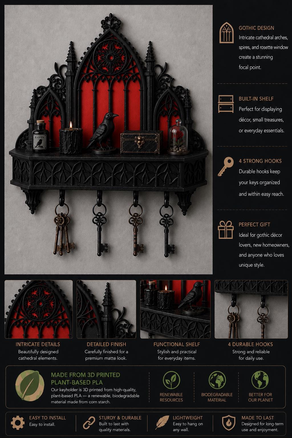 Gothic Keyholder With Shelf, Gothic Cathedral Arch Entryway Organizer ...