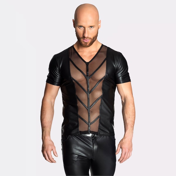 Men's T-shirt made of powerwetlook with tulle inserts PVC LGBT Fetish Wet effect shirt Black Adult Sexy BDSM Clothes Wet look for him