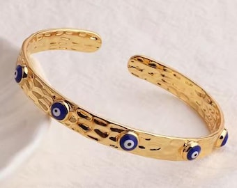 Evil Eye Cuff Bracelet, Stainless Steel, Gold Plated, Luxury Jewelry, Turkish Evil Eye, Cuff Bangle, for Women, Girl Gift, Water Resistant