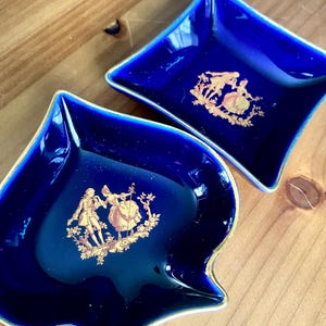 Cobalt Blue Limoges France 22K Gold Vintage Victorian Trinket Dish Set of Two Jewelry Tray Ring Holder