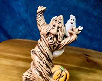 Vintage Whimsical Halloween Tree Small Spooky Figurine with Ghost and Pumpkin