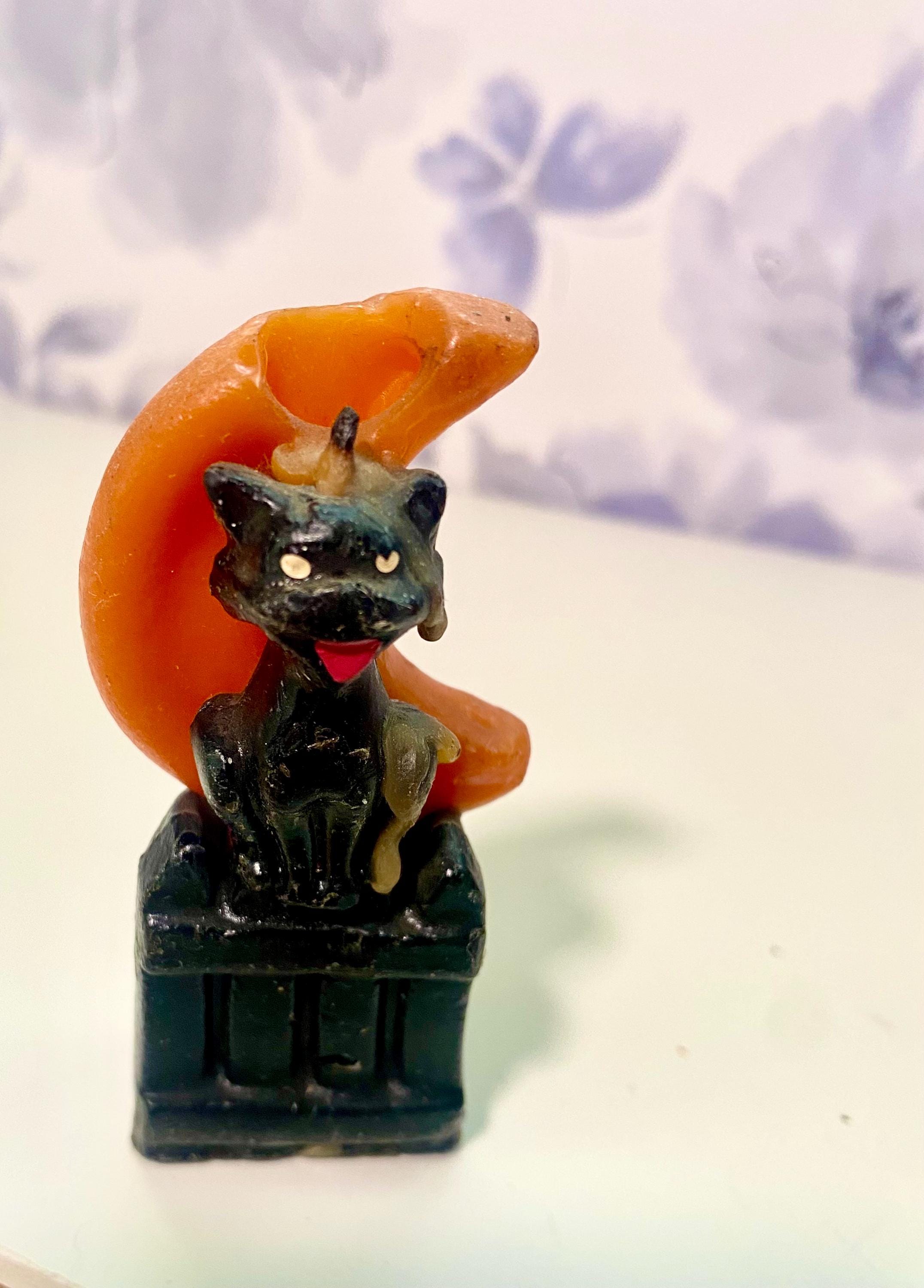 Vintage Gurley Halloween Wax Candle with Black Cat and Orange Moon-Previously Lit
