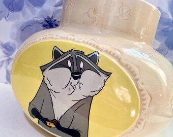 Vintage 90s Disney Pocahontas Meeko Raccoon Round Cookie Jar-RARE