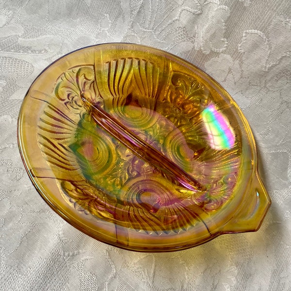 Vintage Indiana Marigold Carnival Glass Divided Bowl w/ Handle