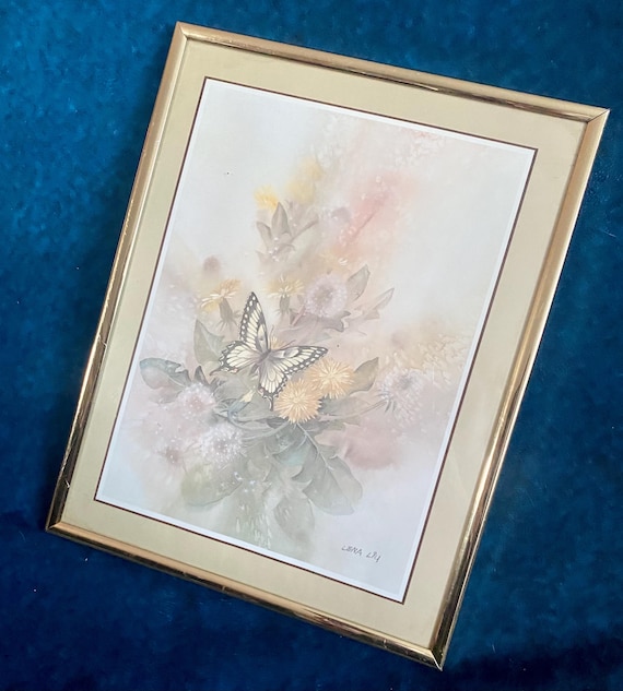 Vintage Lena Liu Floral Butterfly Signed Gold Frame Art Floral