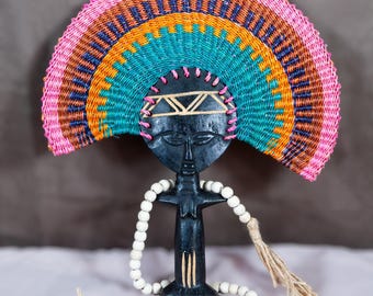 African Statue Wooden Hand-Carved Fan | African Fertility Doll Fan | Premium Wood Statue Handles | African Doll Fan | Decorative Fan