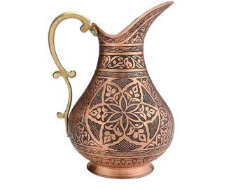 Copper Pitcher for Drinking Water- Authentic Handmade Jug Engraved on 1.2 mm Thick Pure Copper- Handmade Ayurvedic Copper Water Pitcher