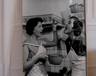 Retro Women Cooking Wall Art, Vintage Kitchen Poster, Black and White Art
