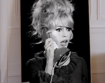 Brigitte Bardot on Phone Wall Art, Brigitte Bardot Poster, Iconic Vintage Poster, Black and White Art