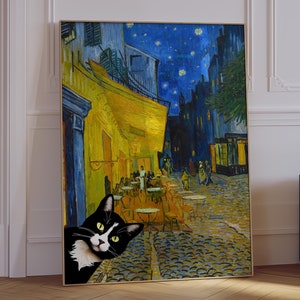 Vincent van Gogh’s Café Terrace at Night with a Playful Black Cat - Unique Wall Art for Art Lovers